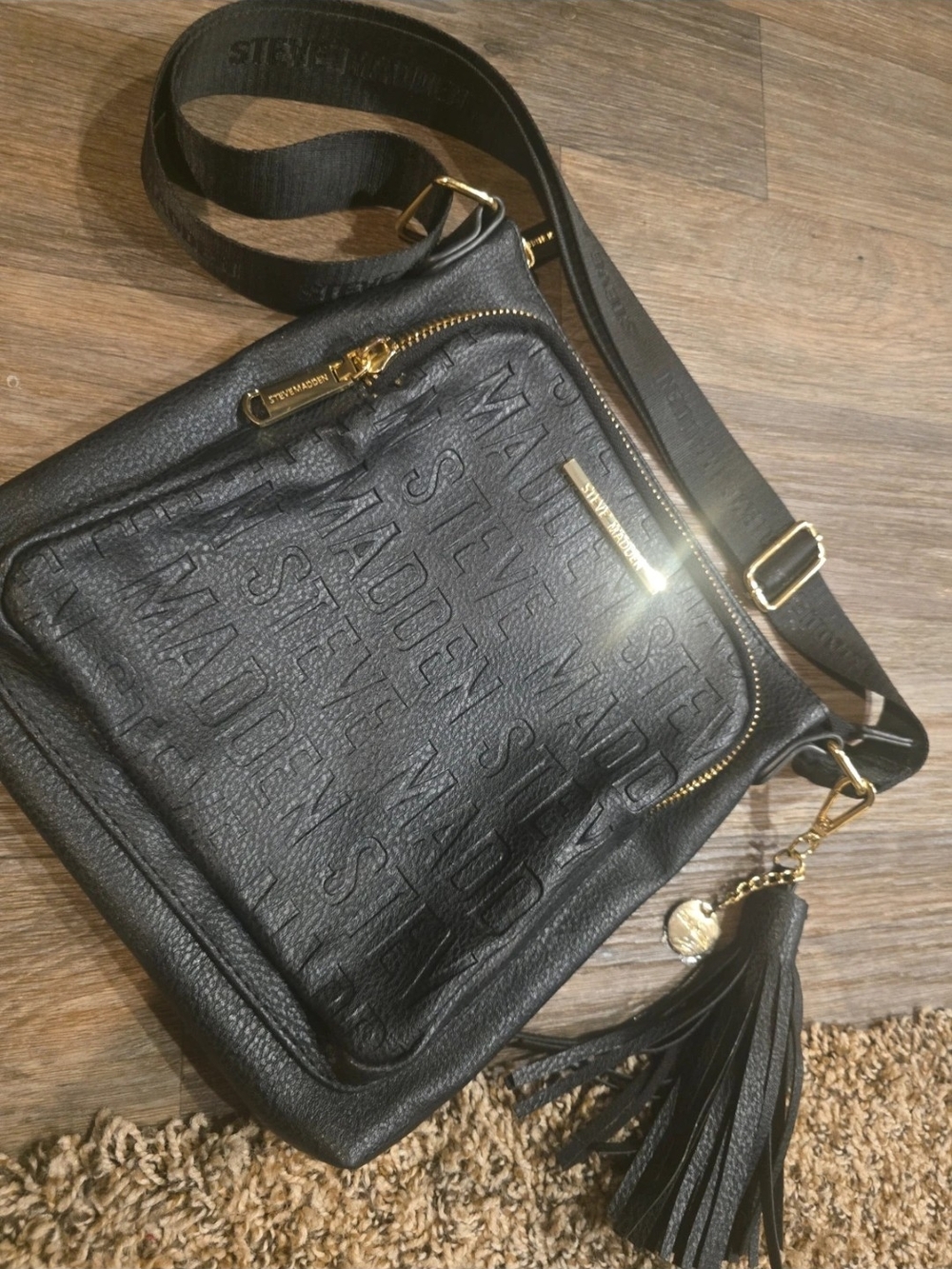 Steve Madden Embossed Black Crossbody Bag with Tassel